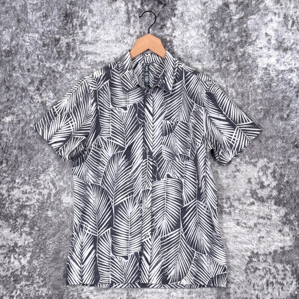Vuori Bridge Button Down Shirt Medium Mens Gray Palm Leaf Short Sleeve